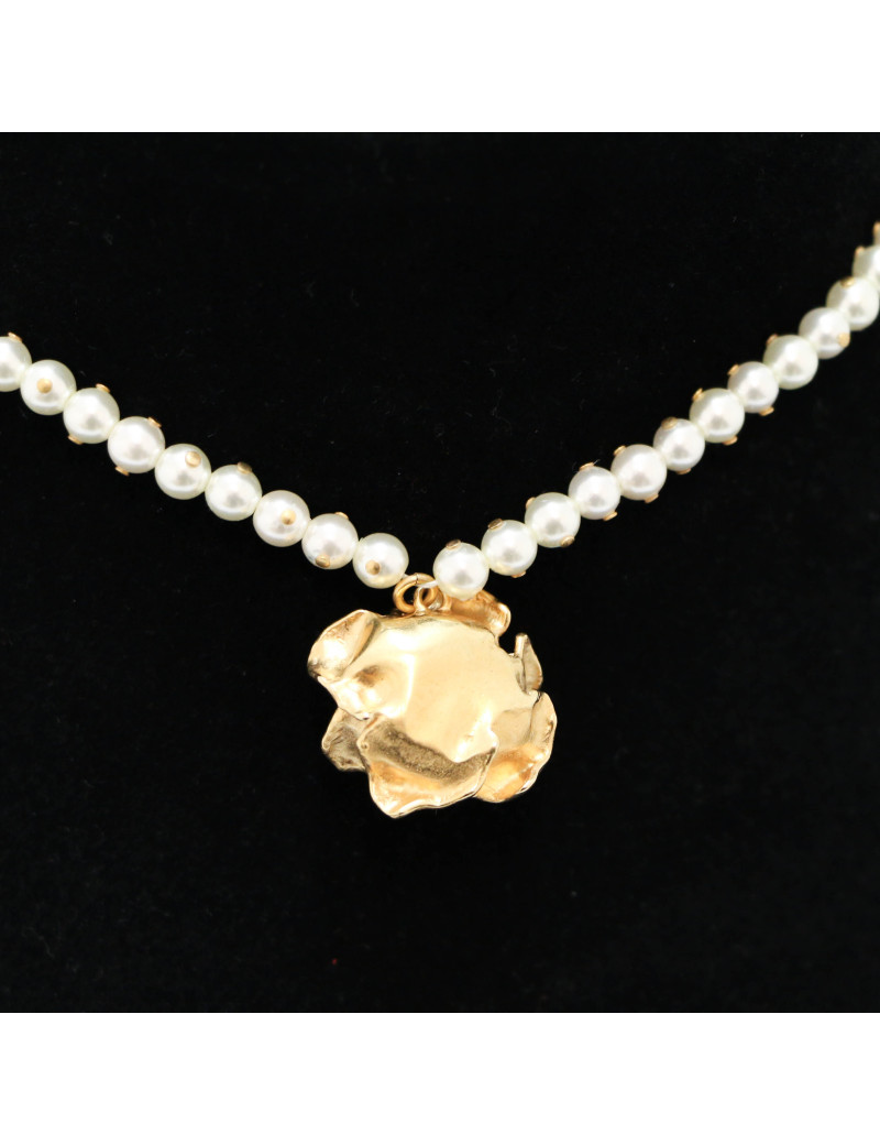 Collier perles DIOR pendentif rose métal doré