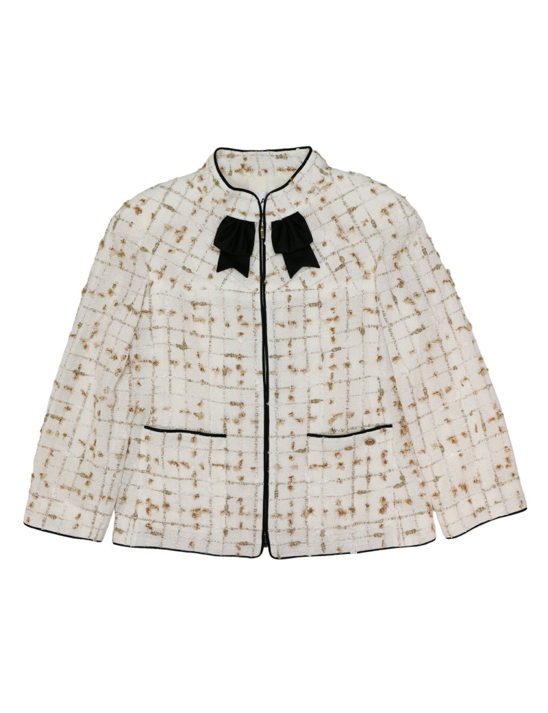 Veste CHANEL blanc et doré gansé de noir
