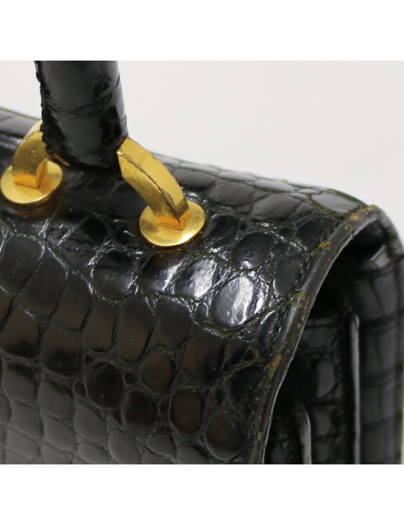 HERMES Ring bag black Porosus crocodile
