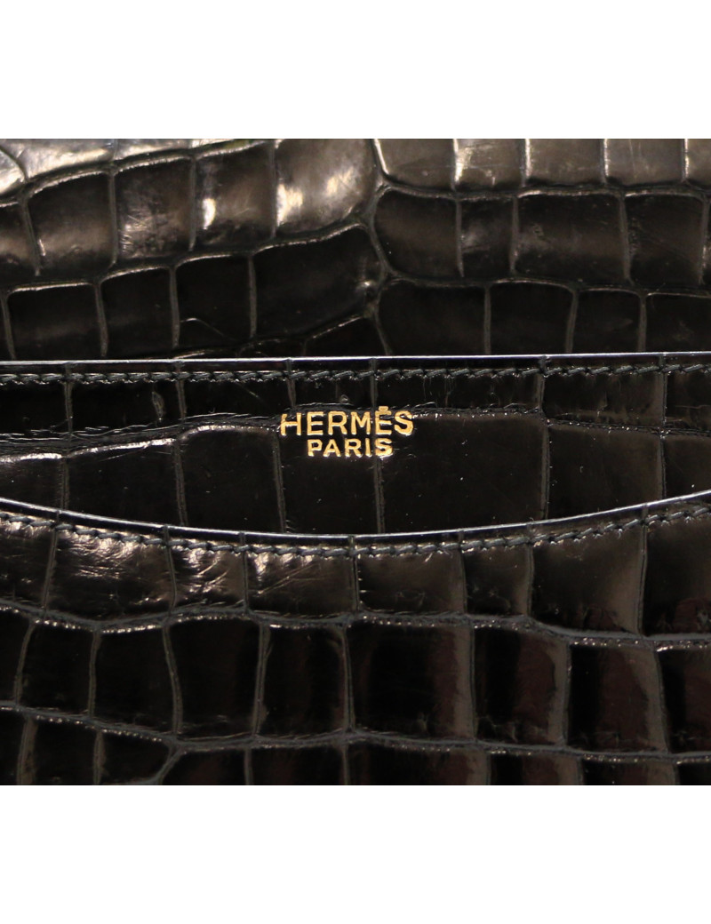 HERMES Ring bag black Porosus crocodile