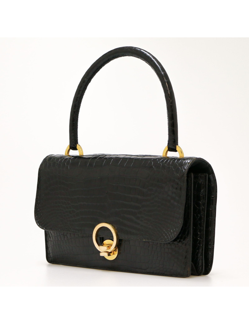 HERMES Ring bag black Porosus crocodile