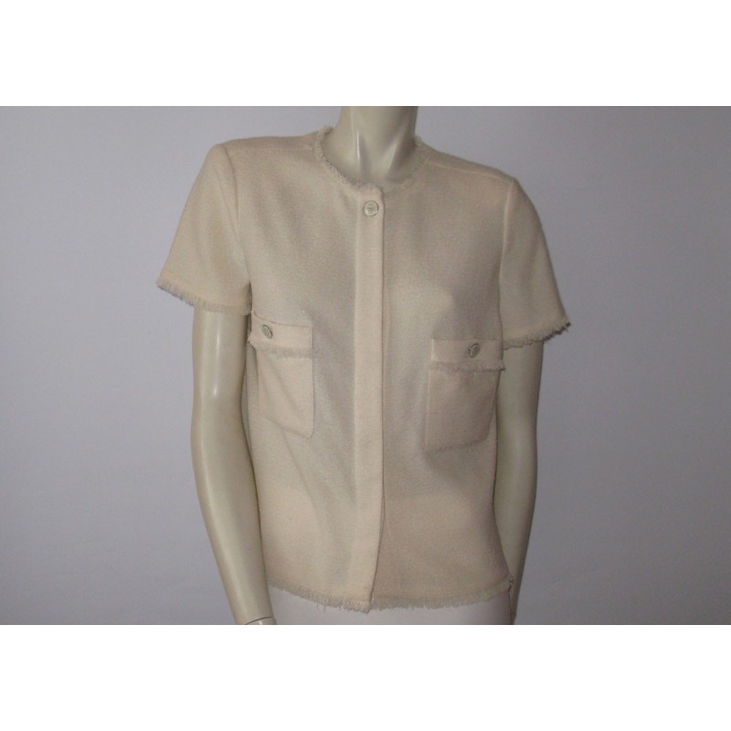 CHANEL white cotton voile Short Sleeve Tuxedo Shirt XS at 1stDibs  chanel  short sleeve shirt