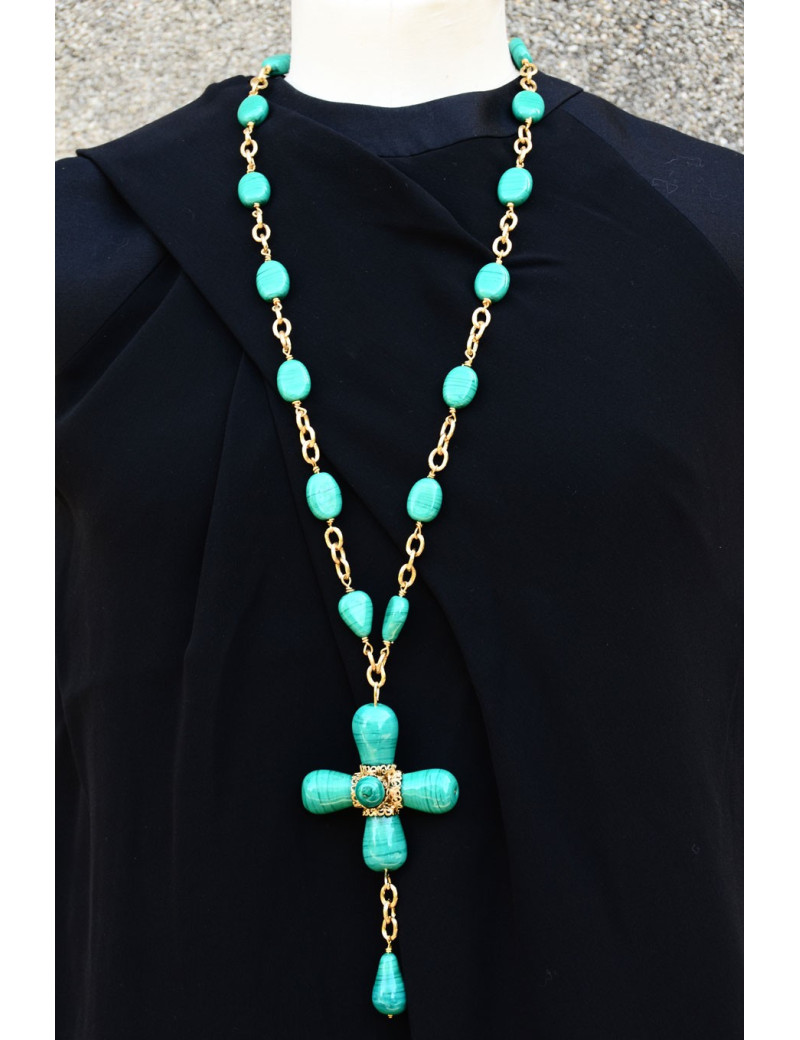 Collier Croix MARGUERITE DE VALOIS pâte de verre vert jade