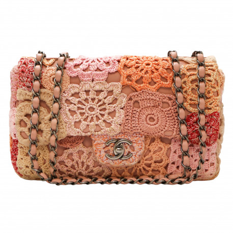 Chanel Pink Flower Multi Color Crochet Leather Medium Evening Shoulder Flap  Bag