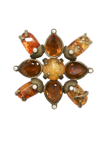 Broche  cachochons ambre cristal topaze