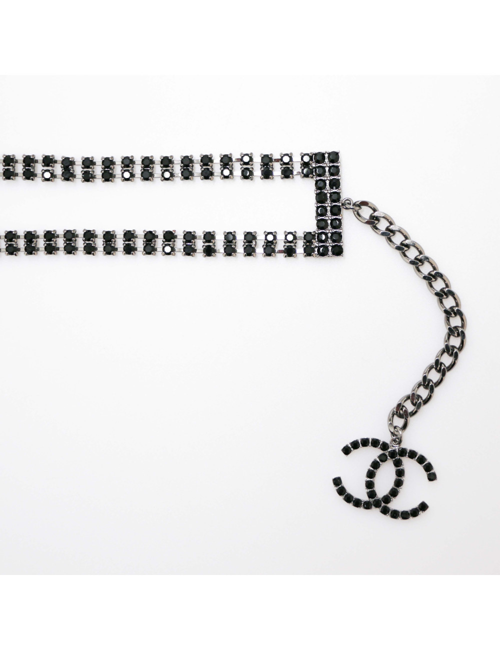 CHANEL black rhinestones belt  spelling C H A N E L