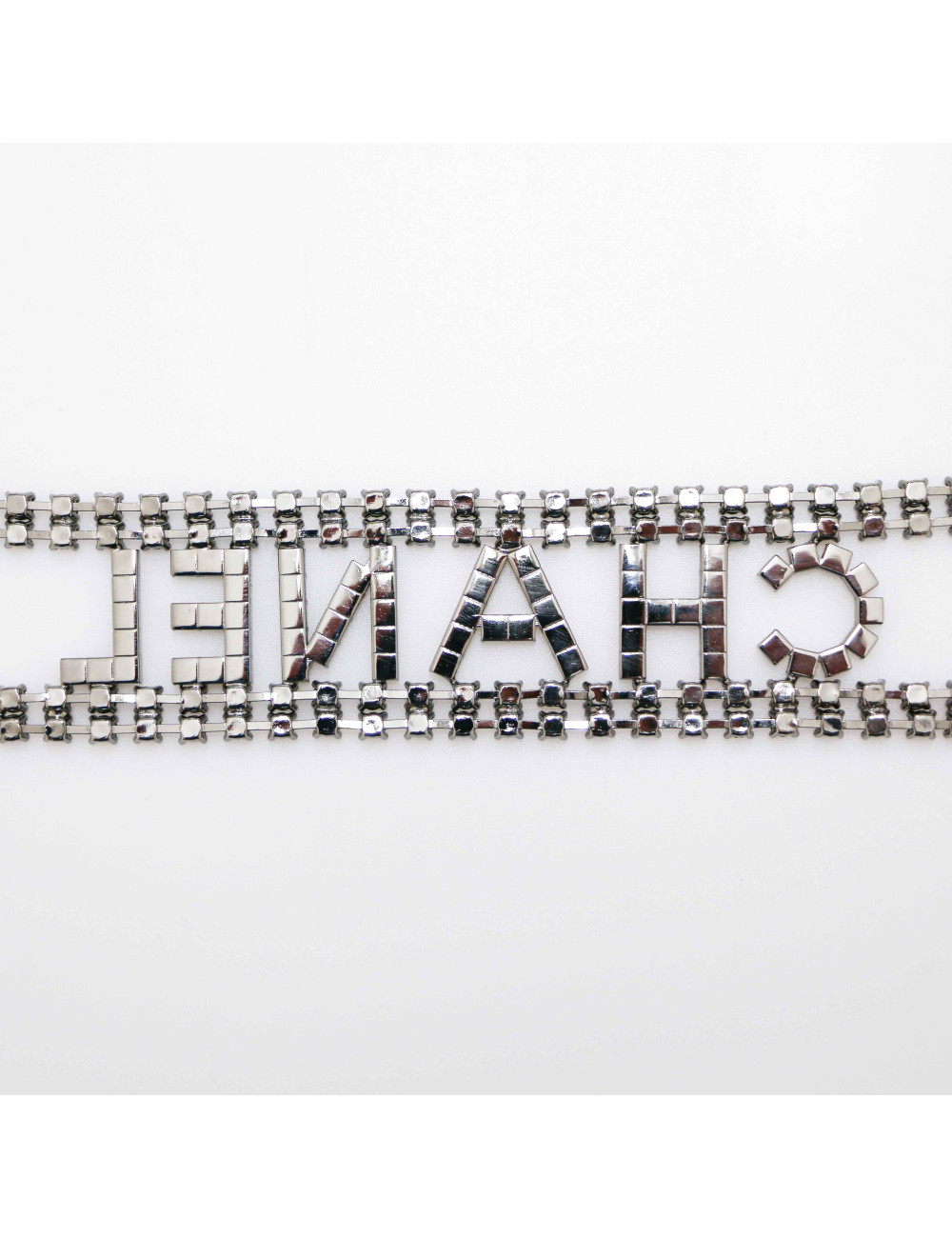 CHANEL black rhinestones belt  spelling C H A N E L
