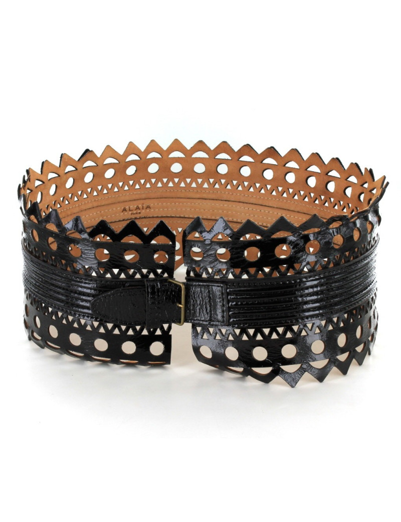 ceinture ALAIA  cuir dentelle noir verni