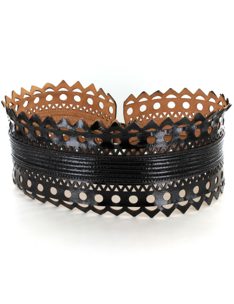 ceinture ALAIA  cuir dentelle noir verni