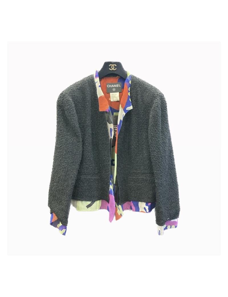 Veste T44 CHANEL en tweed noir avec doublure en soie multicolore