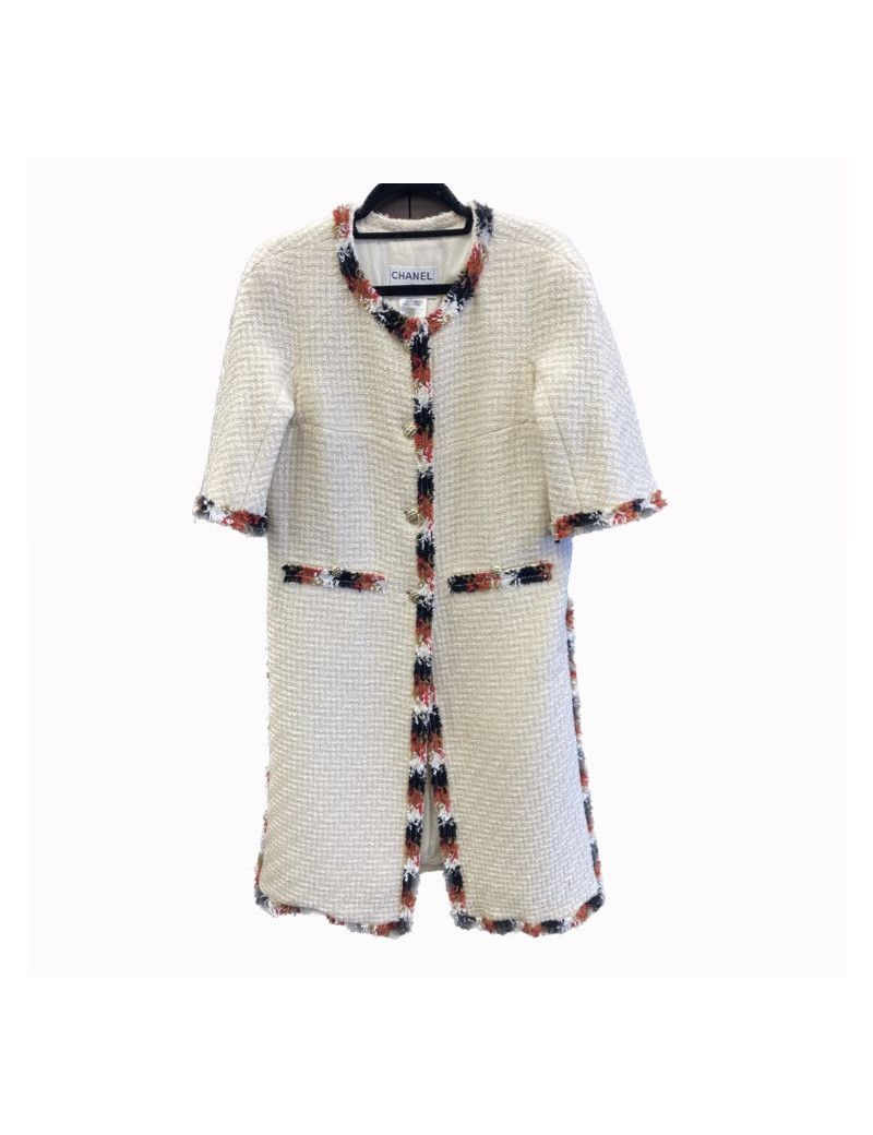 Manteau beige CHANEL T42 tweed beige gansée rouge et noir