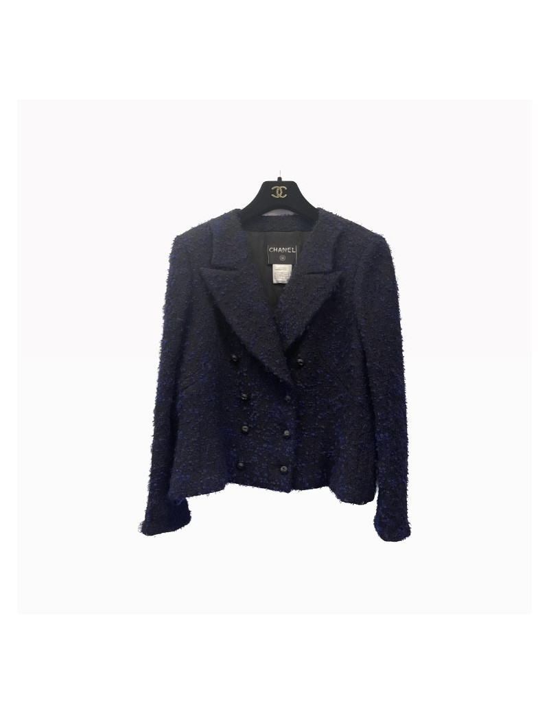 Veste T 38 CHANEL laine et mohair bouclés noir et bleu