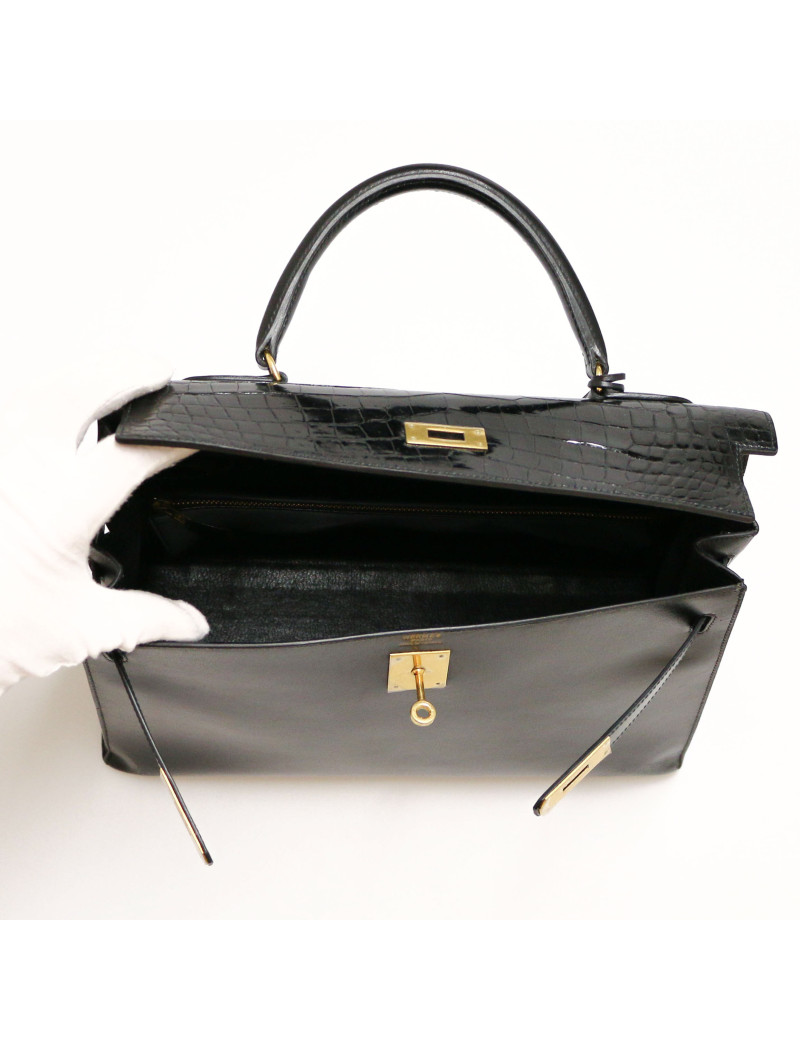 HERMES Kelly 35 bimaterial box leather and crocodile
