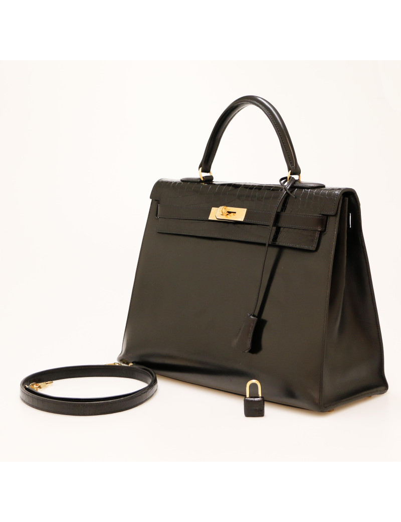 HERMES Kelly 35 bimaterial box leather and crocodile