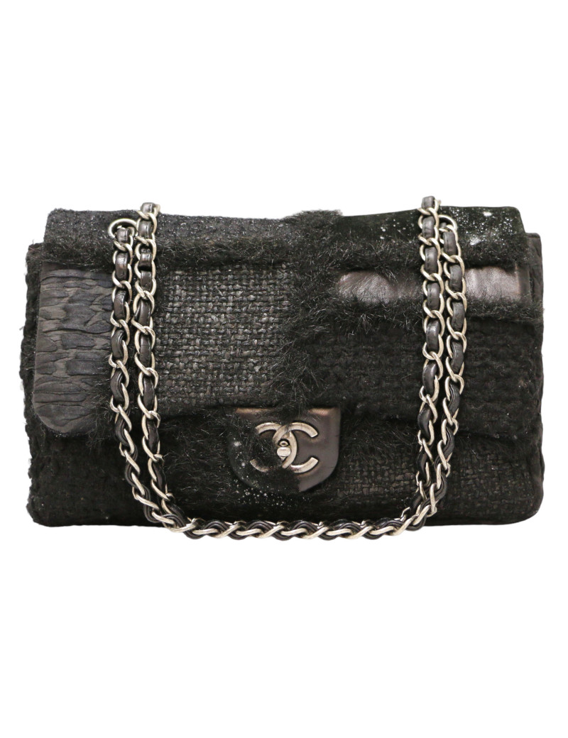 Jumbo CHANEL tweed soie cuir noir
