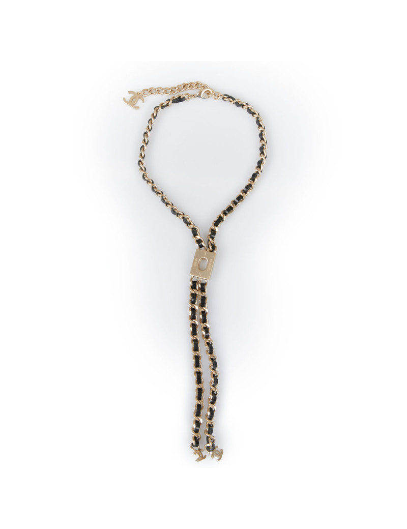 Collier CHANEL chaine entrelacée de cuir noir