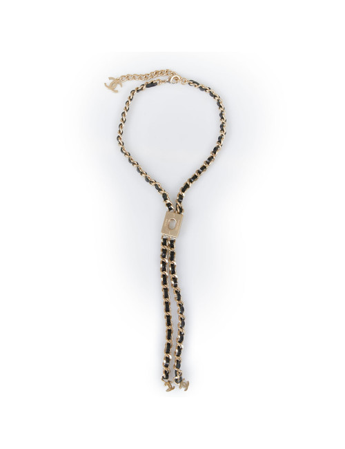 Collier CHANEL chaine entrelacée de cuir noir