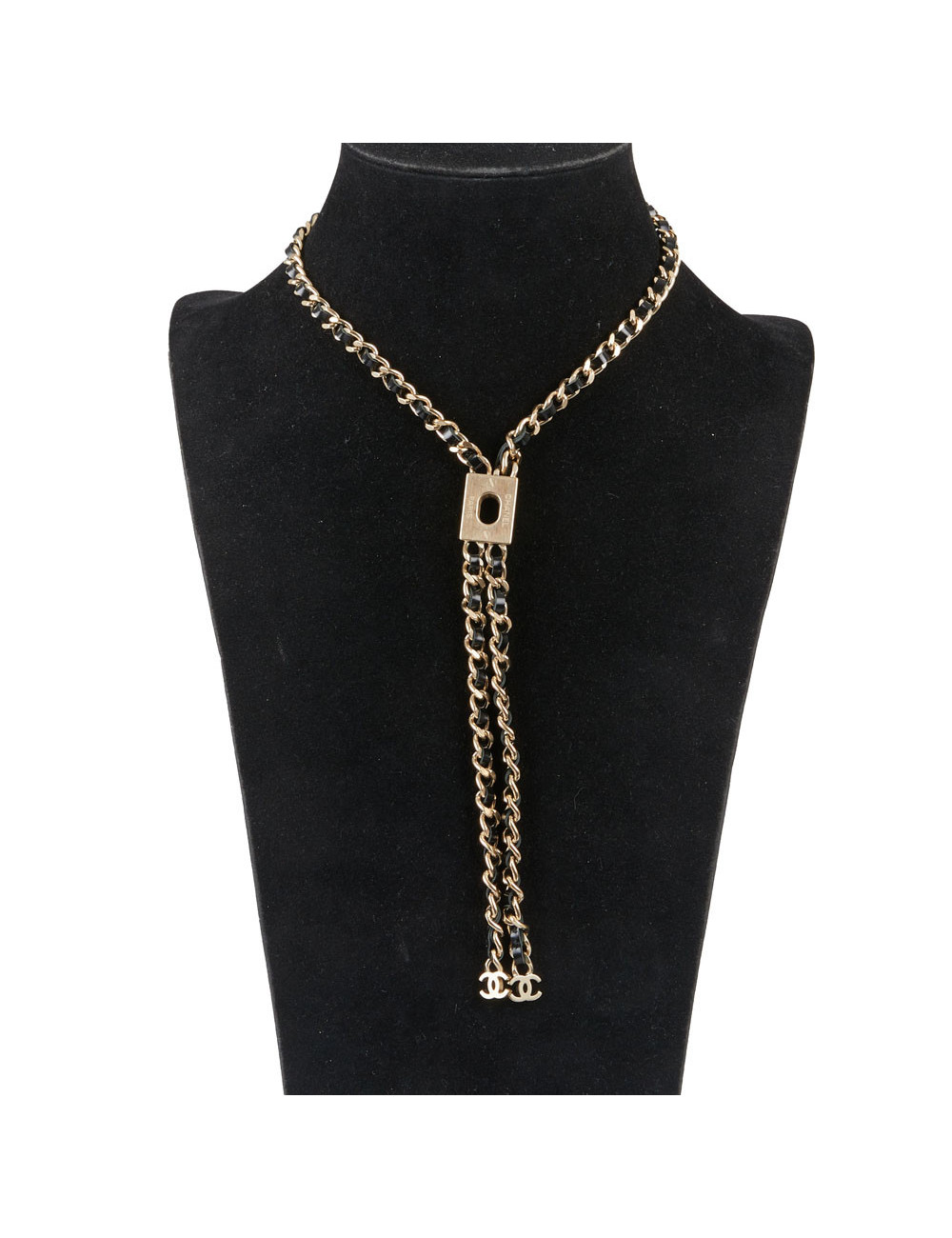 Collier CHANEL chaine entrelacée de cuir noir