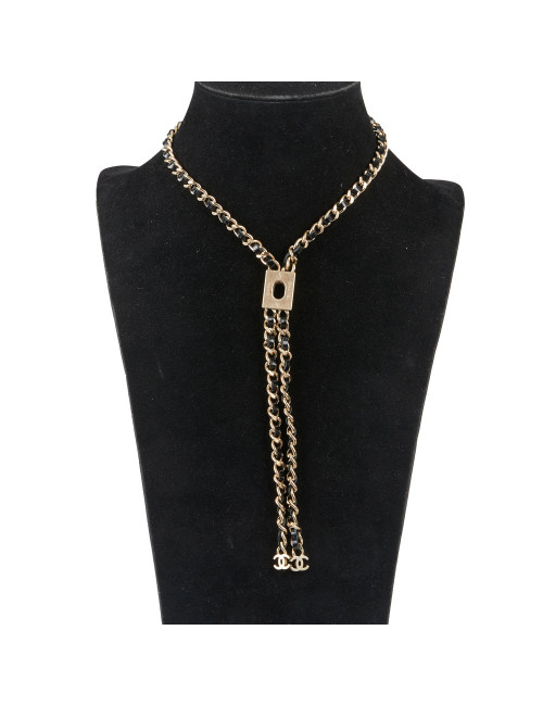 Collier CHANEL chaine entrelacée de cuir noir