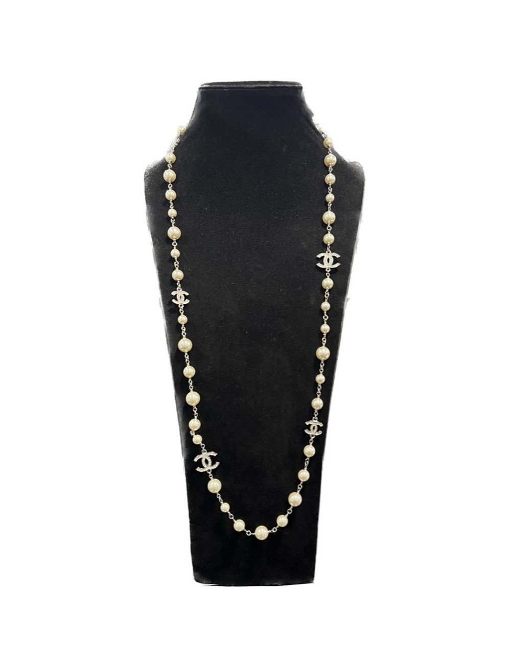 Sautoir long CHANEL perles et CC strass