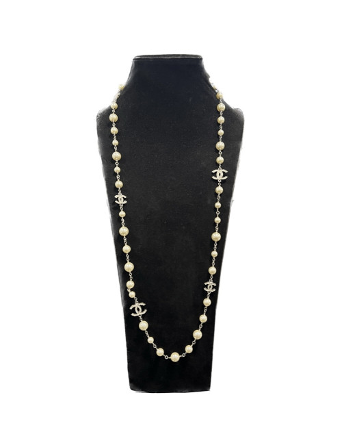 Sautoir long CHANEL perles et CC strass