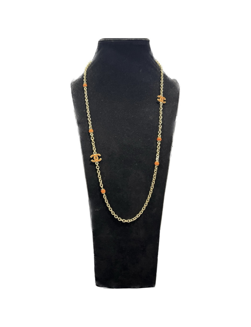 Sautoir CHANEL doré perles corail