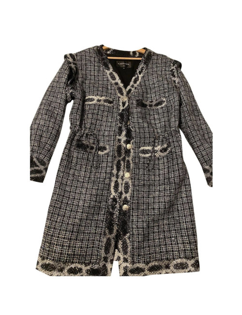 Veste longue CHANEL tweed noir et argent
