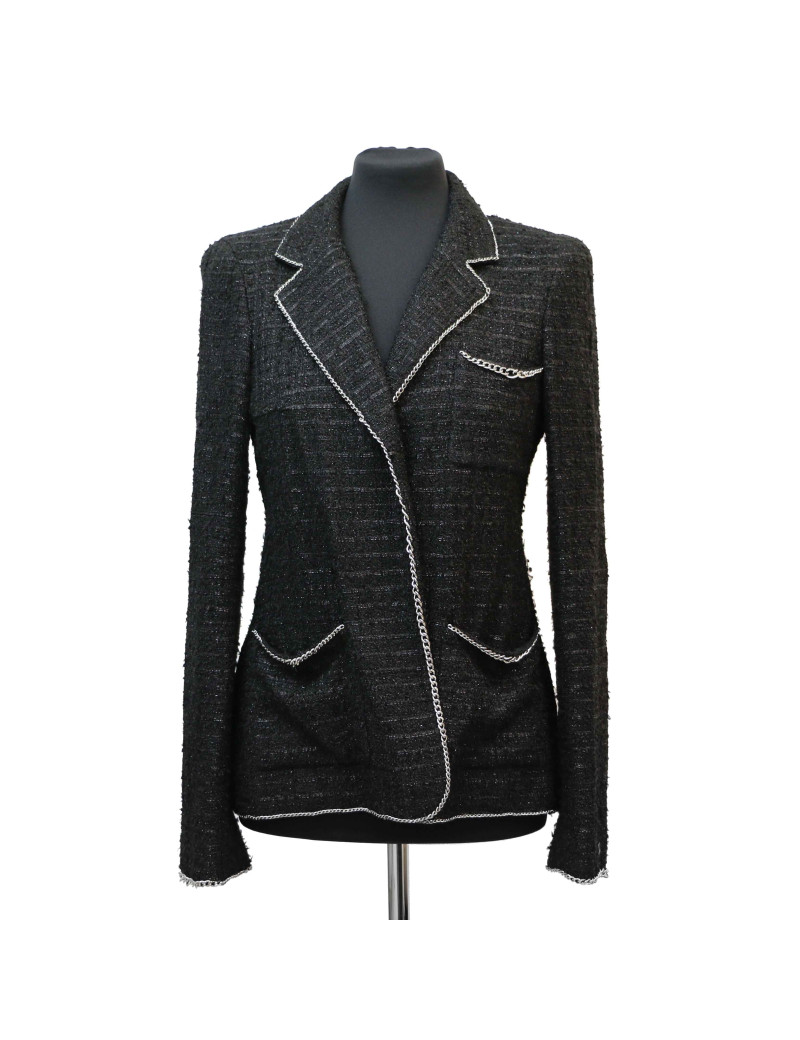 Veste CHANEL T 38 tweed noir et chaine argent