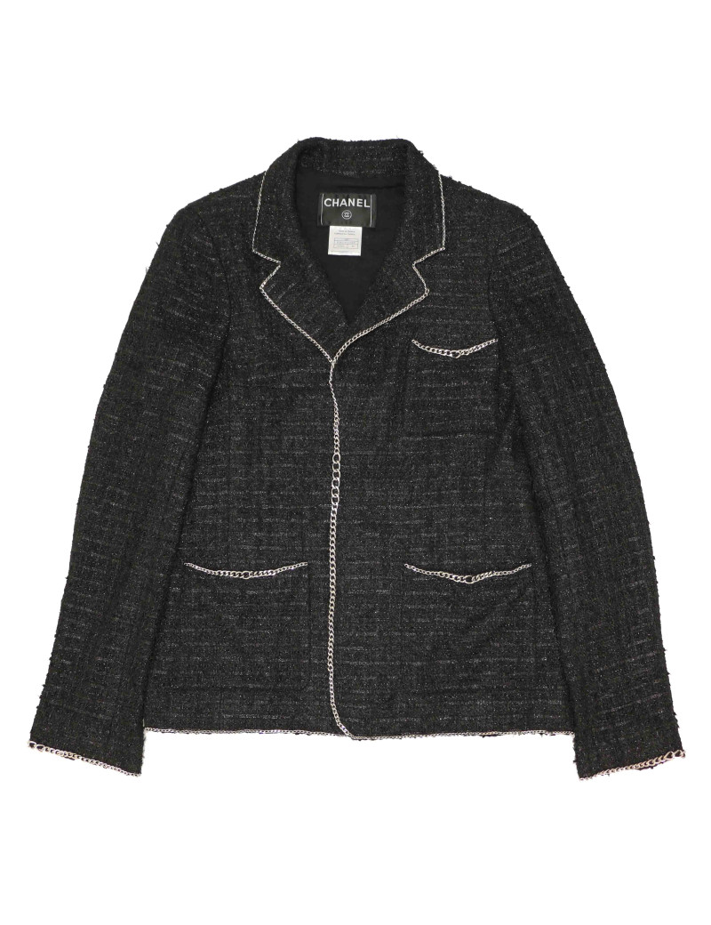 Veste CHANEL T 38 tweed noir et chaine argent
