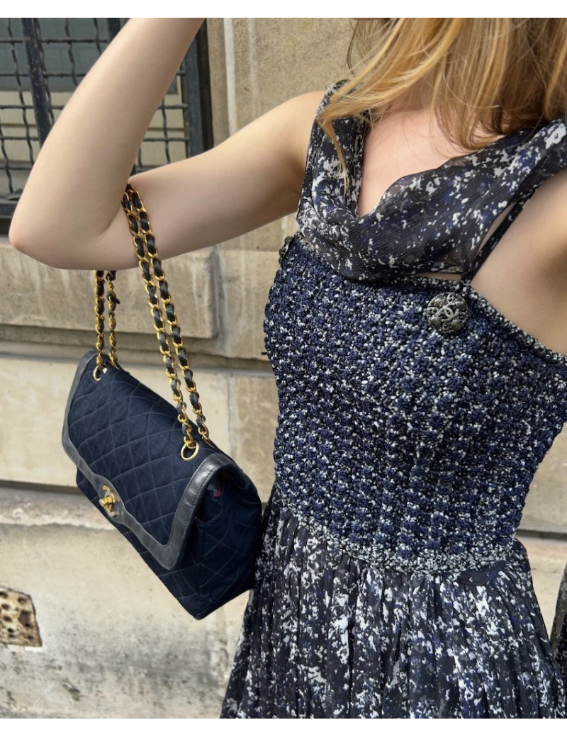 Robe longue du soir CHANEL T 34 en soie imprimée bleue et blanche