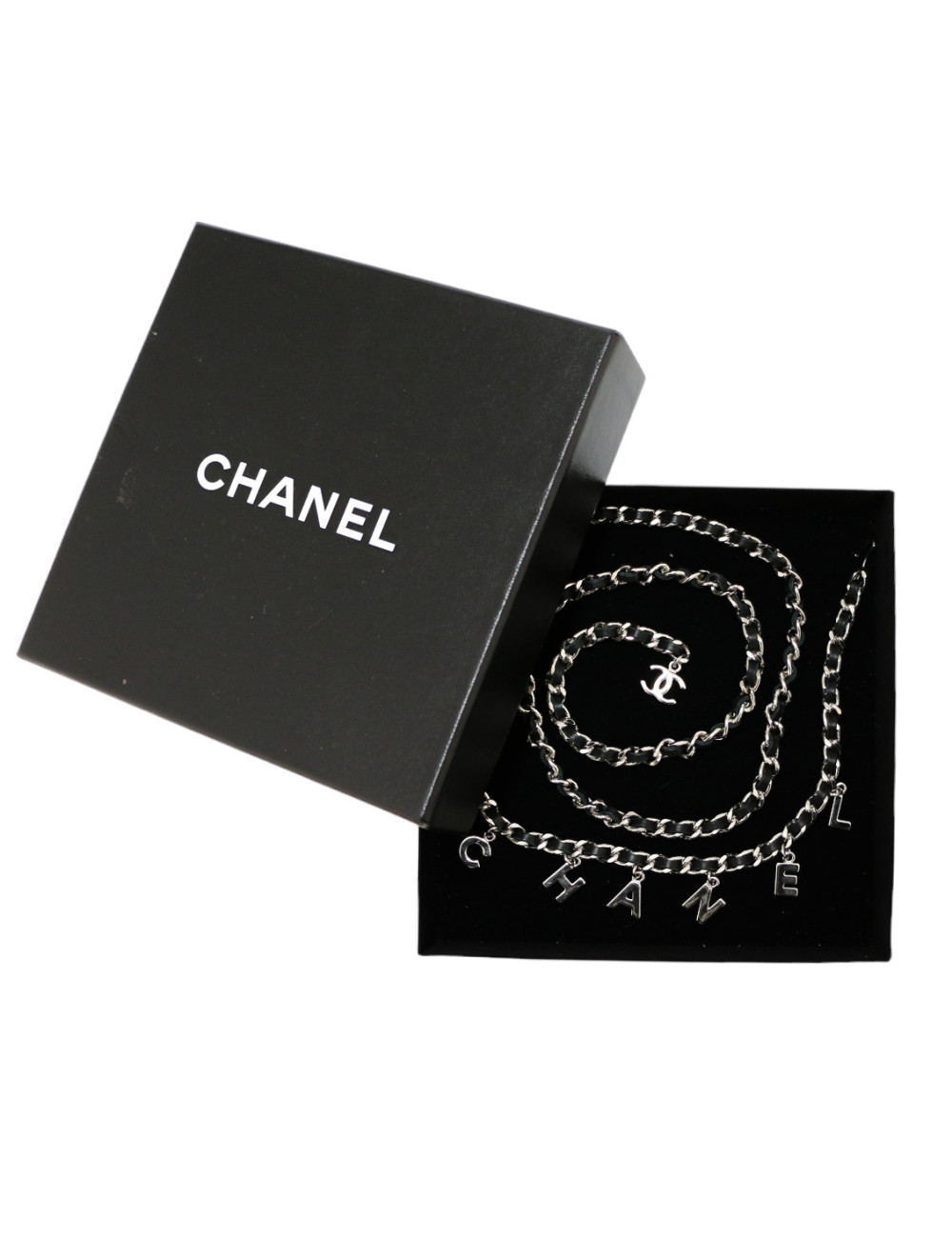 Ceinture CHANEL argent chaine entrelacée de cuir