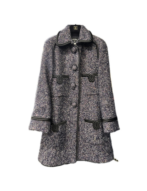 Manteau CHANEL cachemire bleu gansé de soie