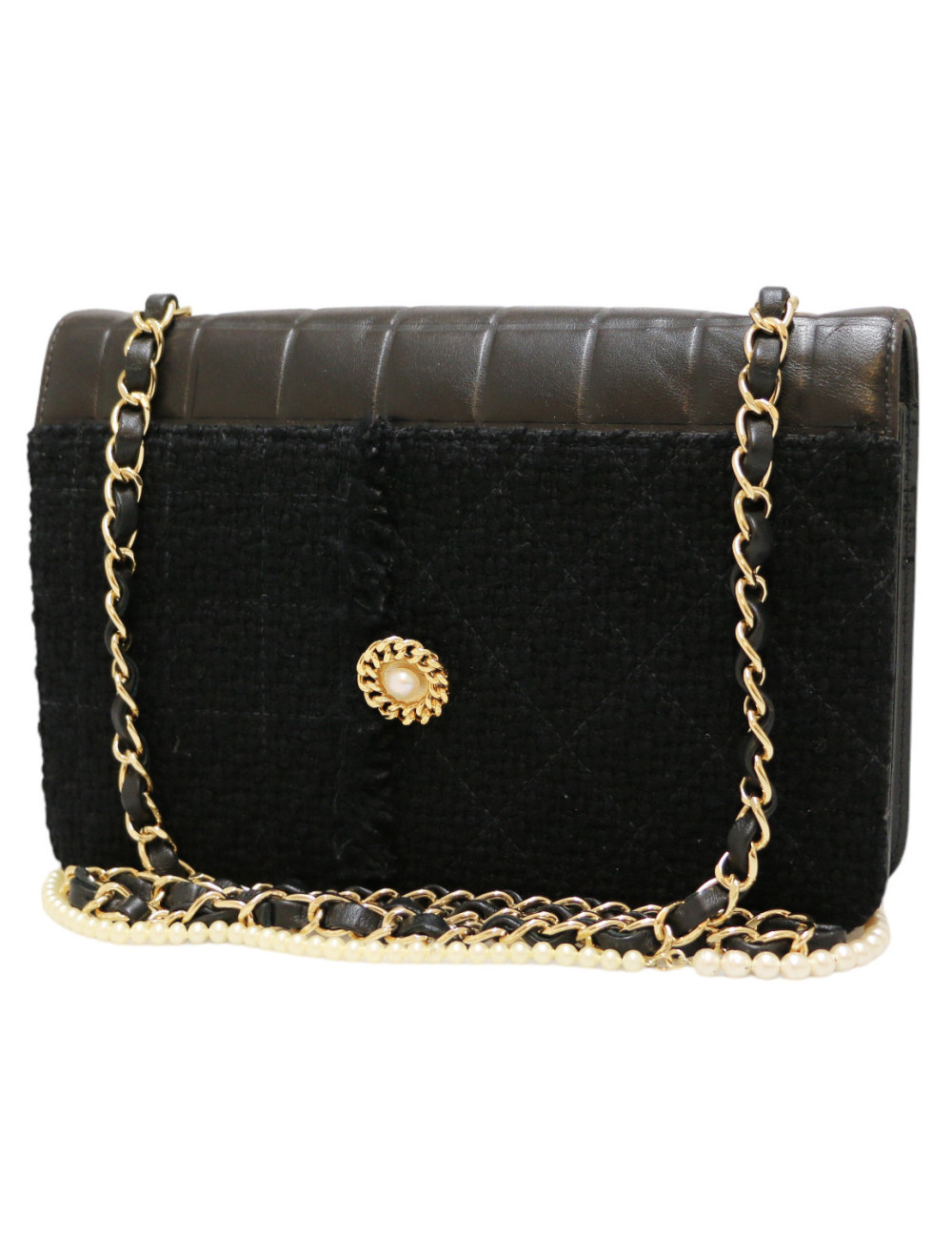 Sac CHANEL cuir et tweed noir