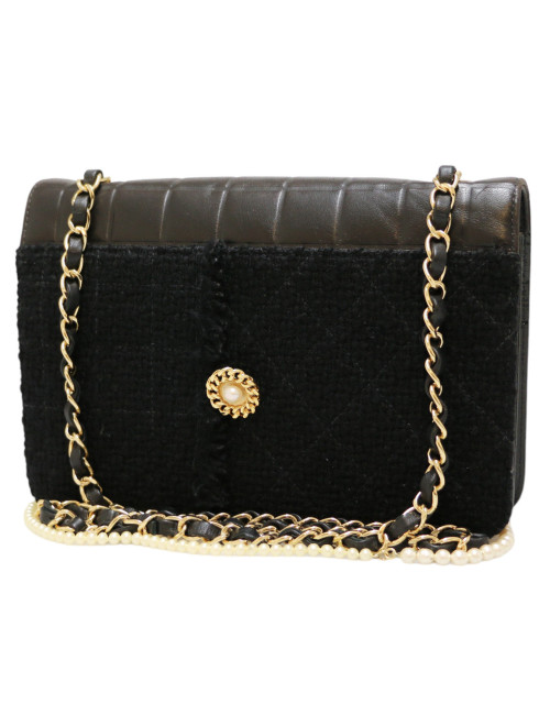 Sac CHANEL cuir et tweed noir