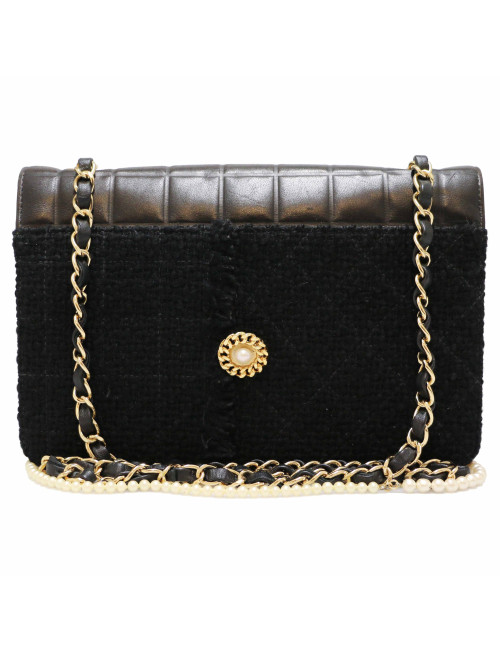 Sac CHANEL cuir et tweed noir