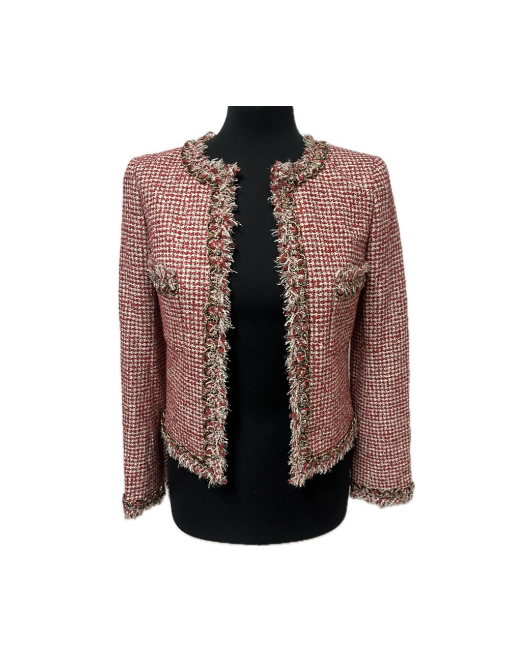 Veste CHANEL T34 tweed rouge et blanc resort 2010