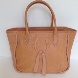NINA RICCI Vintage Brown Beige Canvas Leather Backpack 