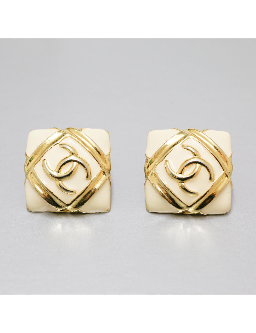 CHANEL vintage ivory enamel square couture clip-on earrings