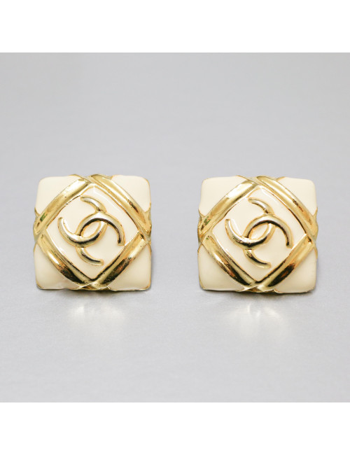 CHANEL vintage ivory enamel square couture clip-on earrings