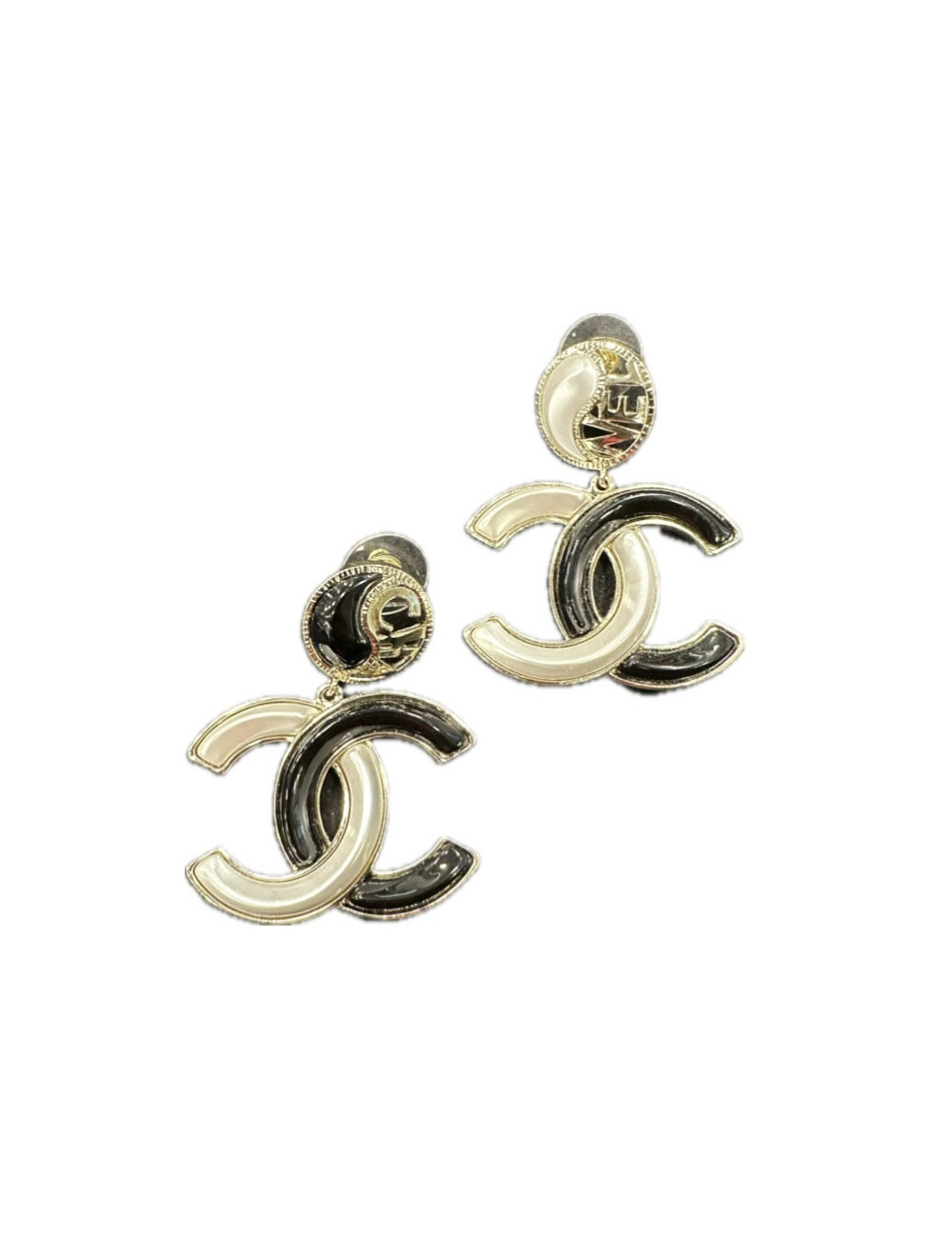 CHANEL black and white ying-yang pendant pierced earrings