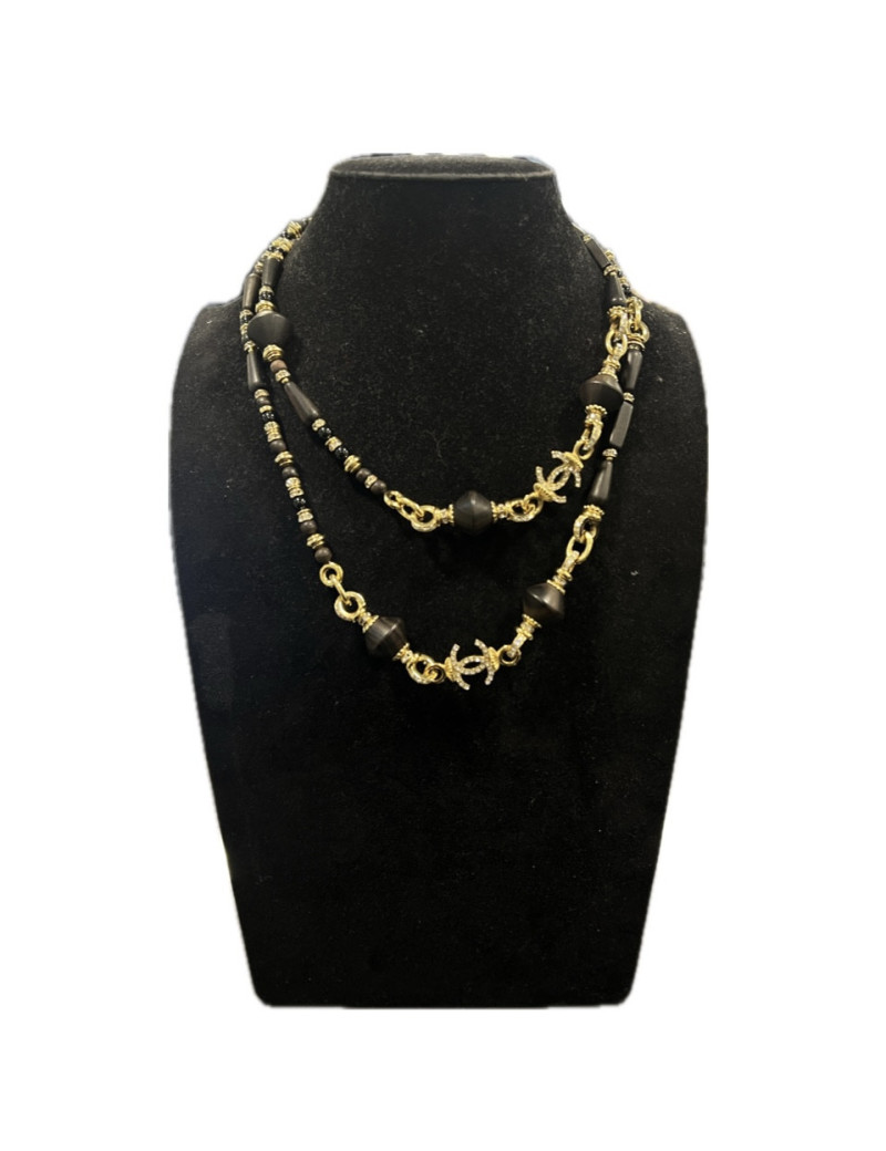 Sautoir bois strass CHANEL métal doré