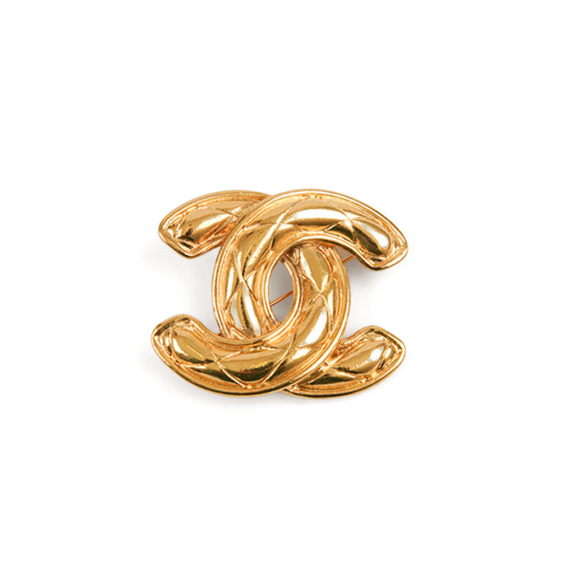 CHANEL vintage quilted gold CC brooch