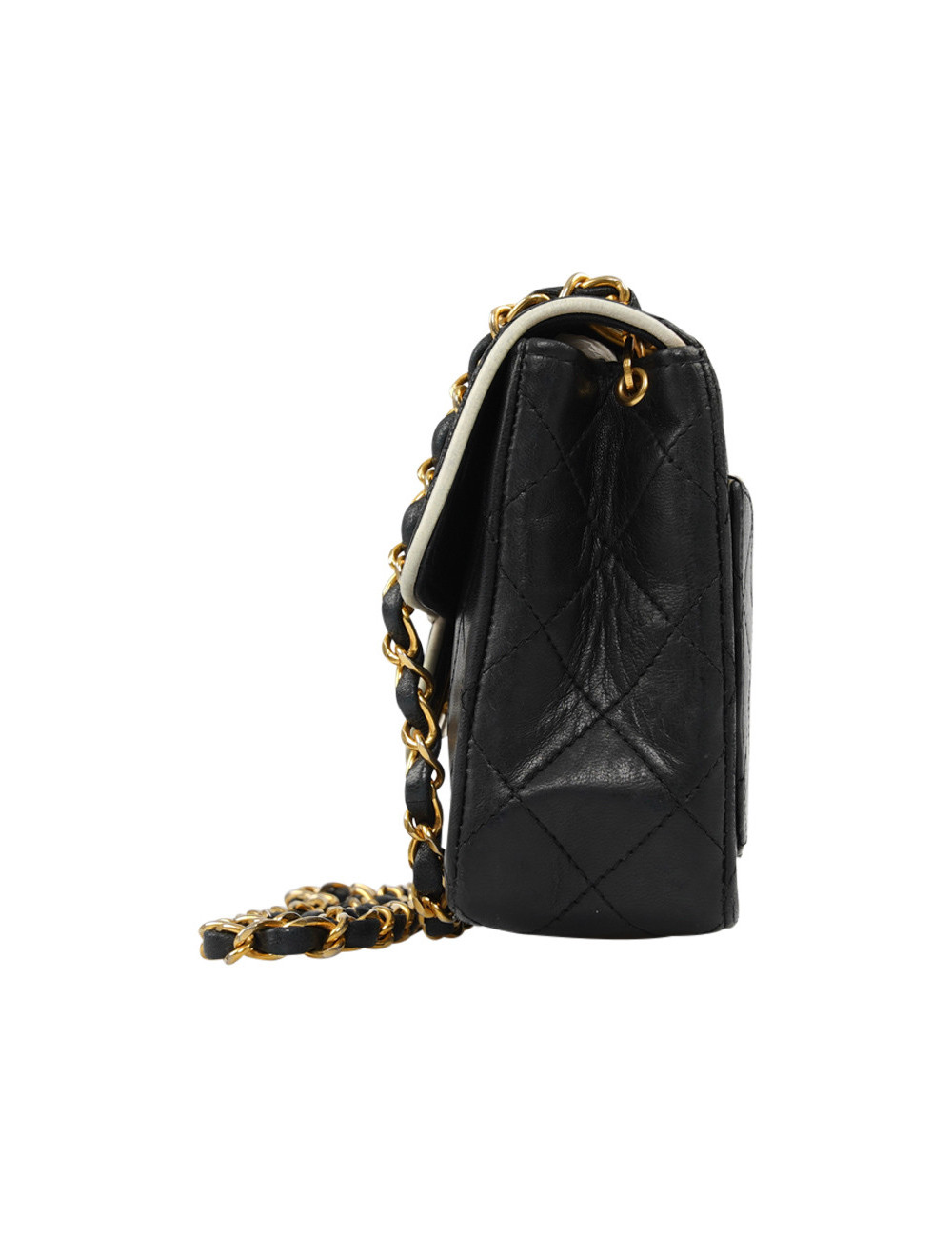 Petit sac vintage CHANEL noir gansé de blanc