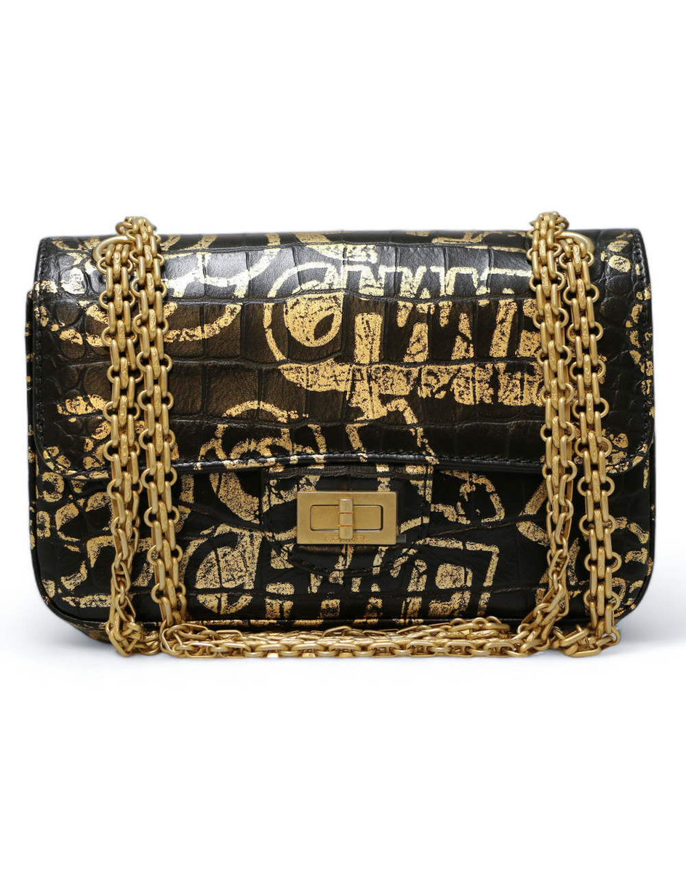 CHANEL 2.55 bag imitation crocodile black painted gold c h a n e l