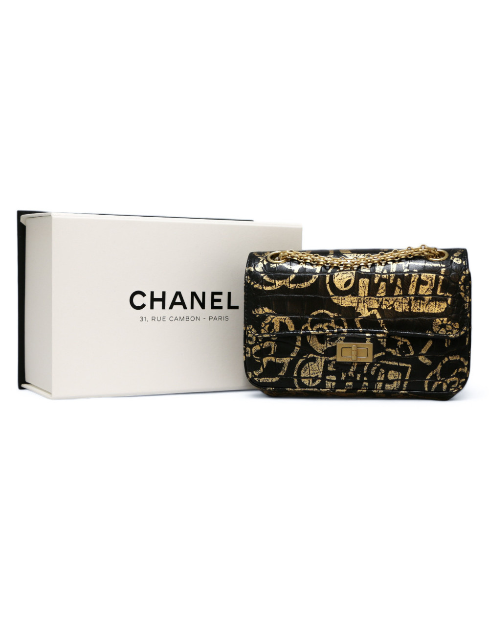 CHANEL 2.55 bag imitation crocodile black painted gold c h a n e l