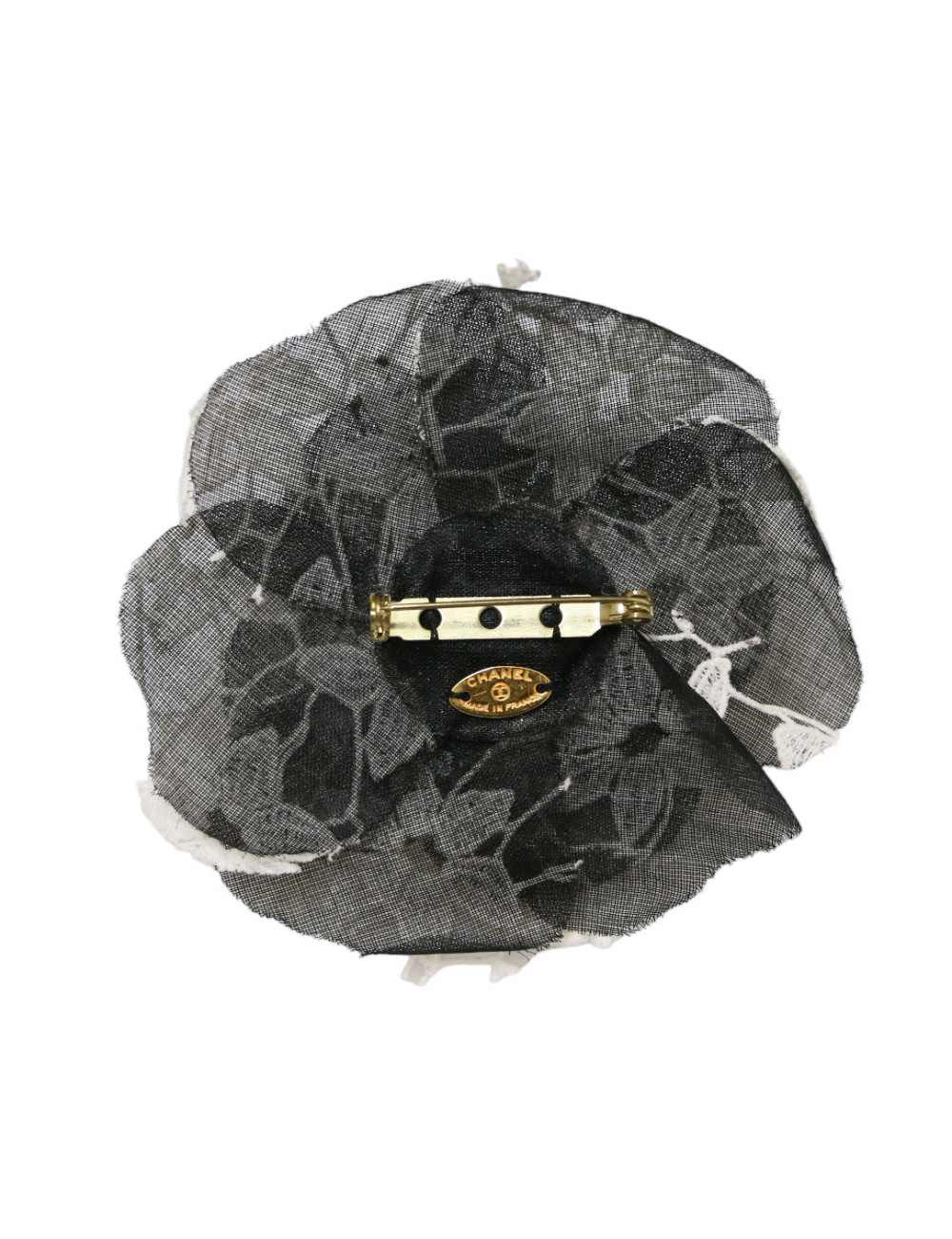 CHANEL vintage black and white embroidered camellia brooch