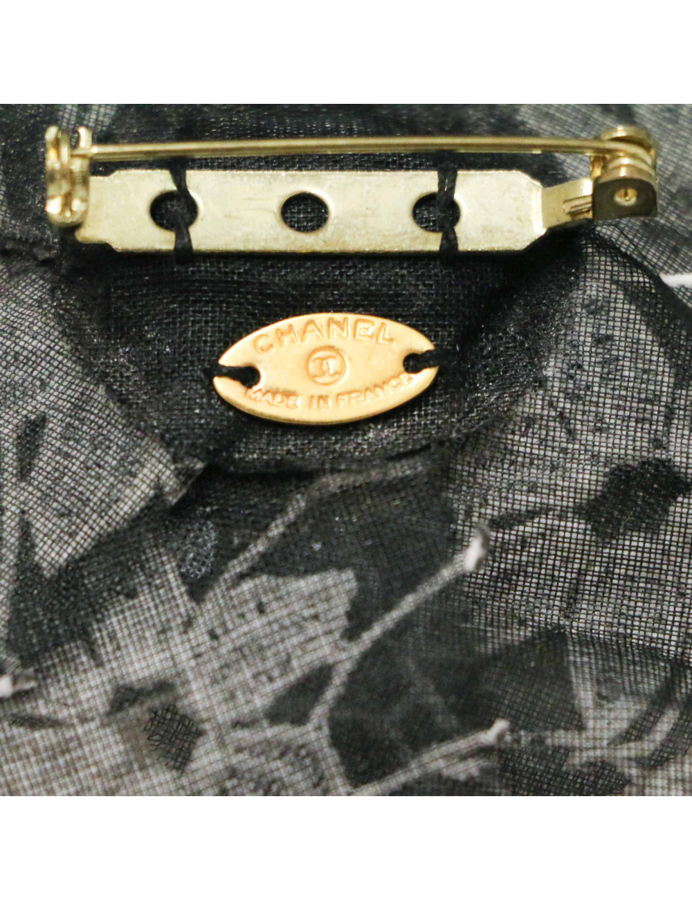 CHANEL vintage black and white embroidered camellia brooch