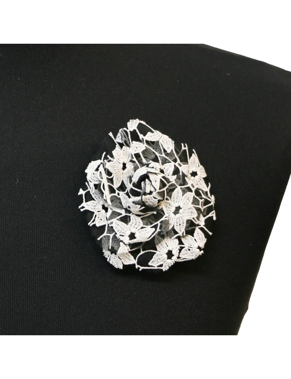 CHANEL vintage black and white embroidered camellia brooch