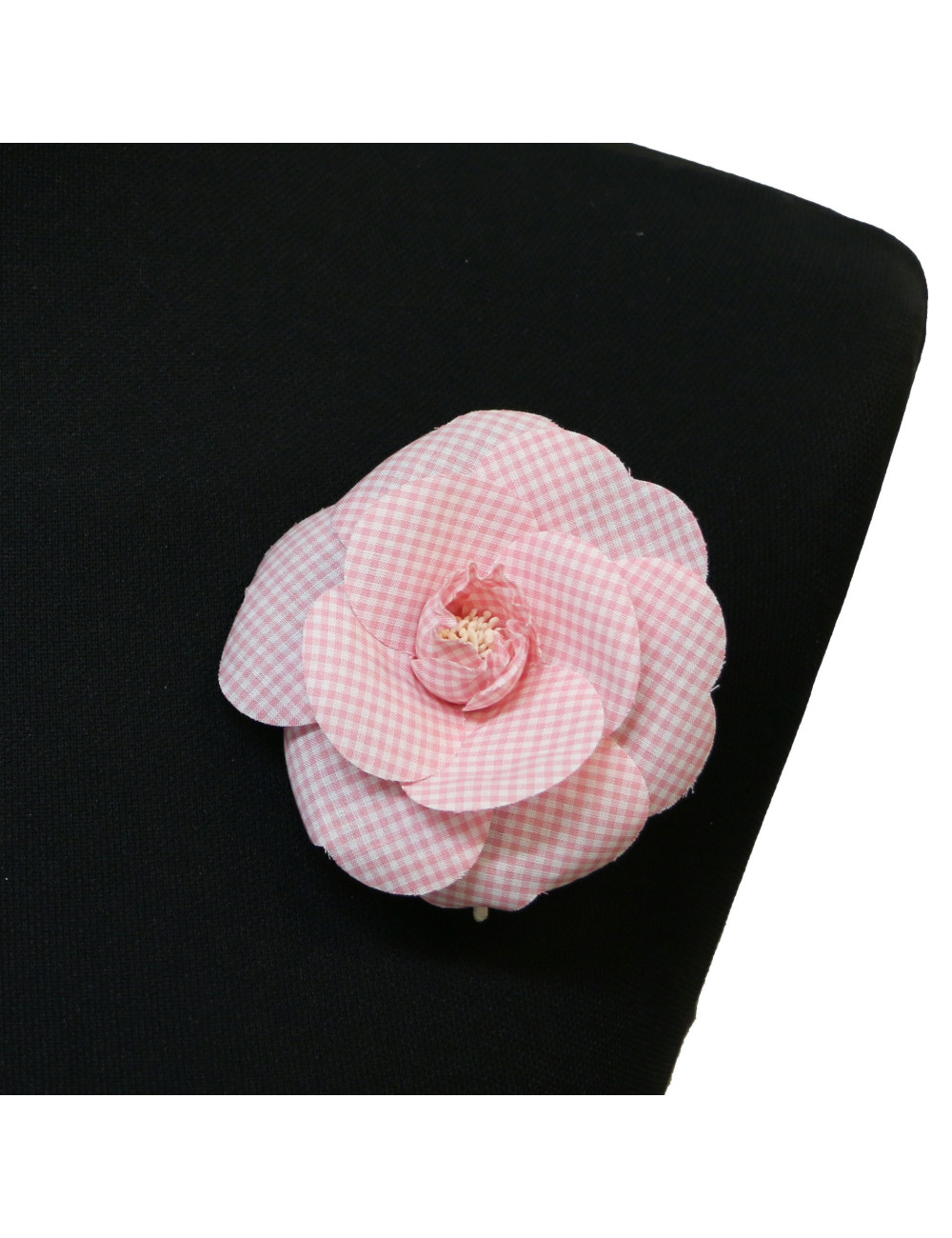 CHANEL vintage pink gingham camellia brooch