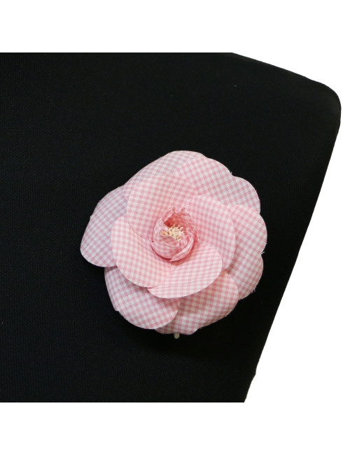 CHANEL vintage pink gingham camellia brooch